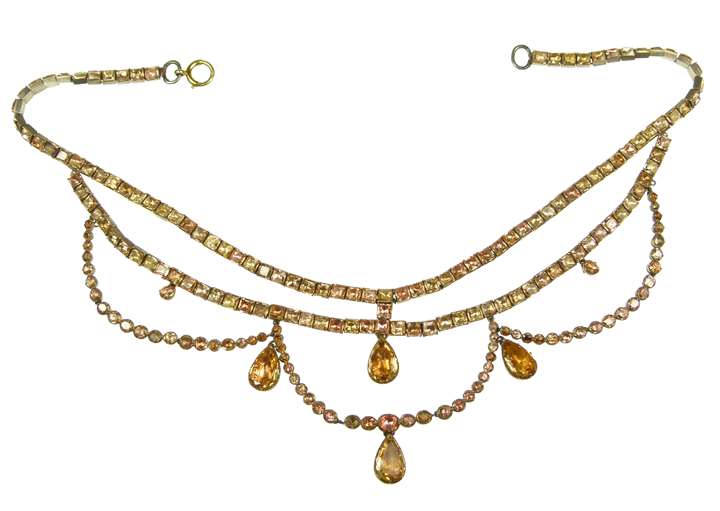 18th century golden-orange topaz square collet necklace with similar swags, strung on silk